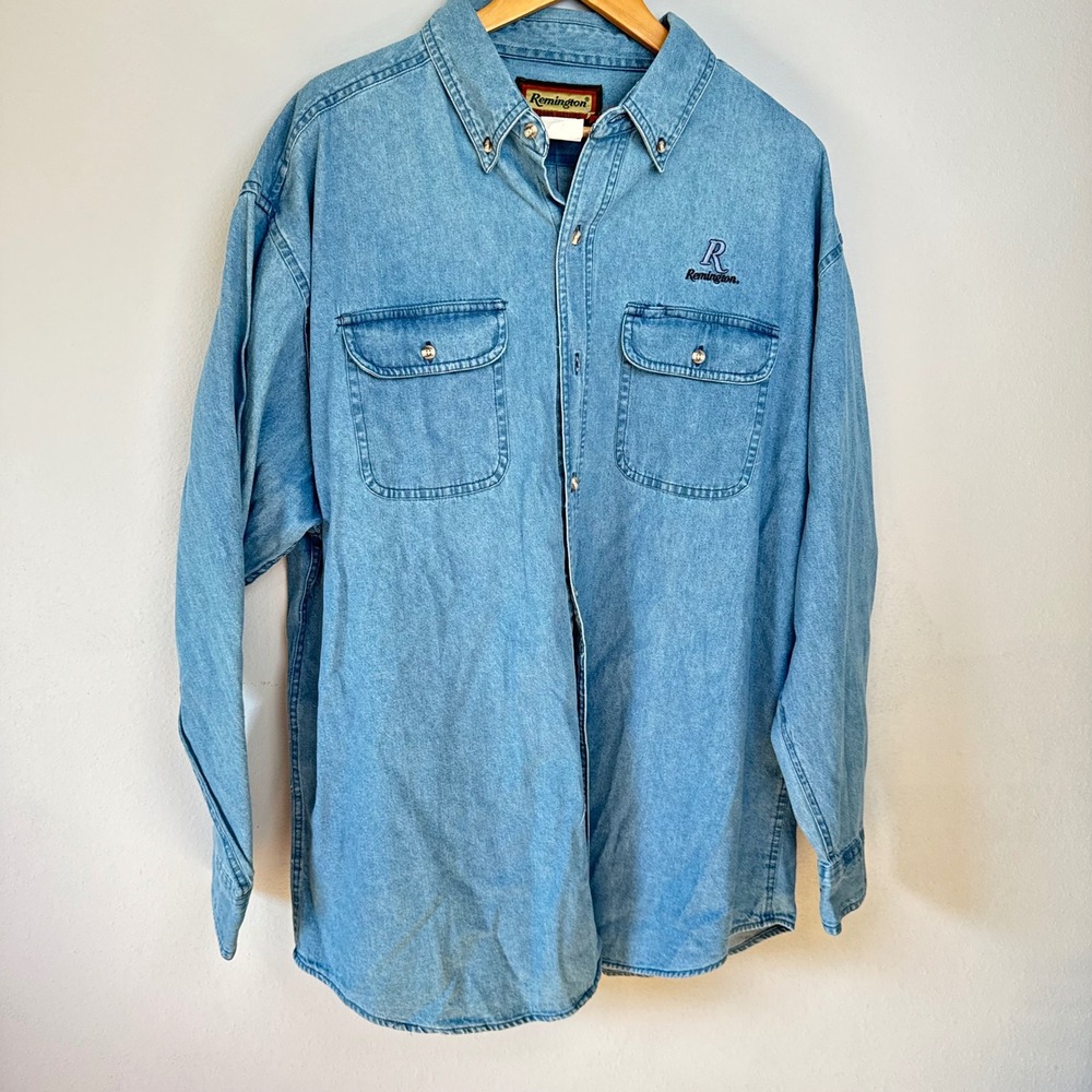 Remington Mens Denim Embroidered Logo Chambray Western Cowboy Shirt XXL
